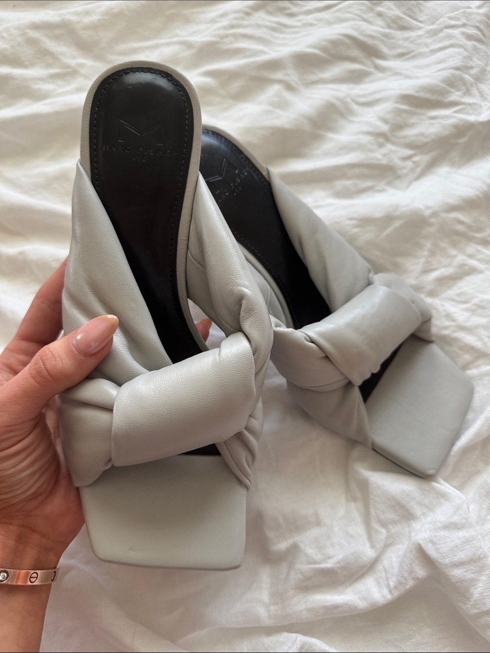 NWOT‎ Marc Fisher Women’s Light Grey Heeled Sandal Knotted Size 7.5